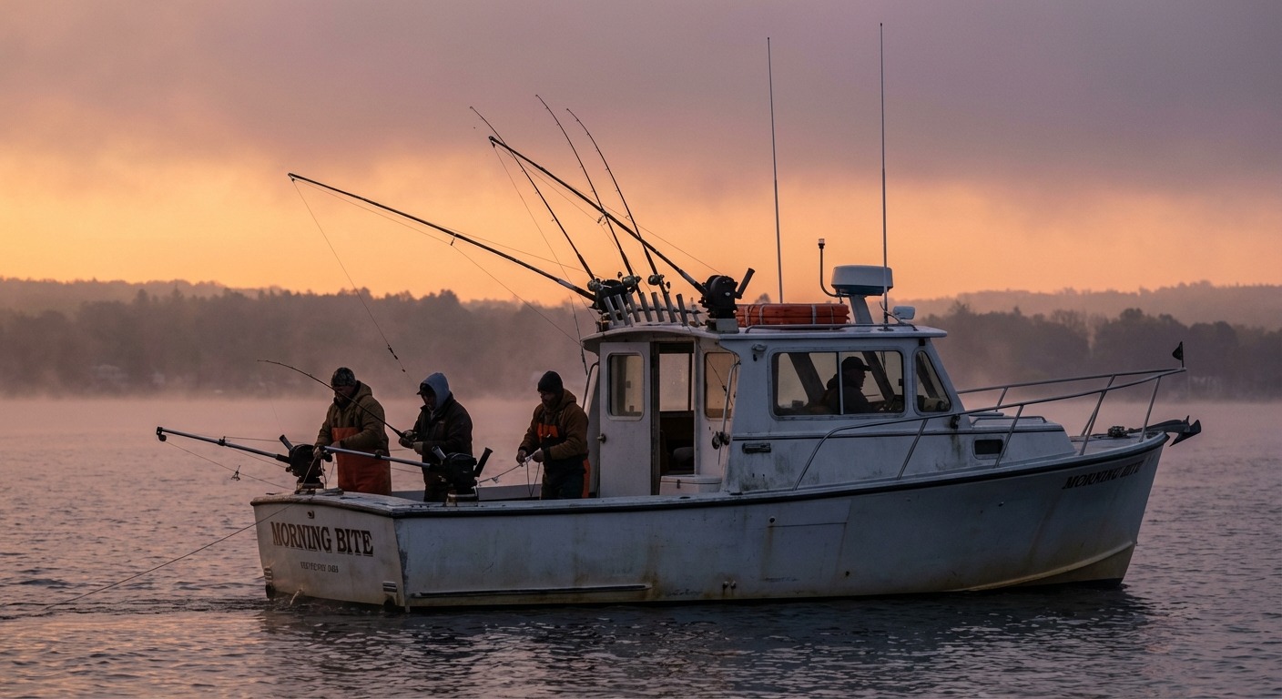 Charter fishing boat on Lake Ontario at sunrise