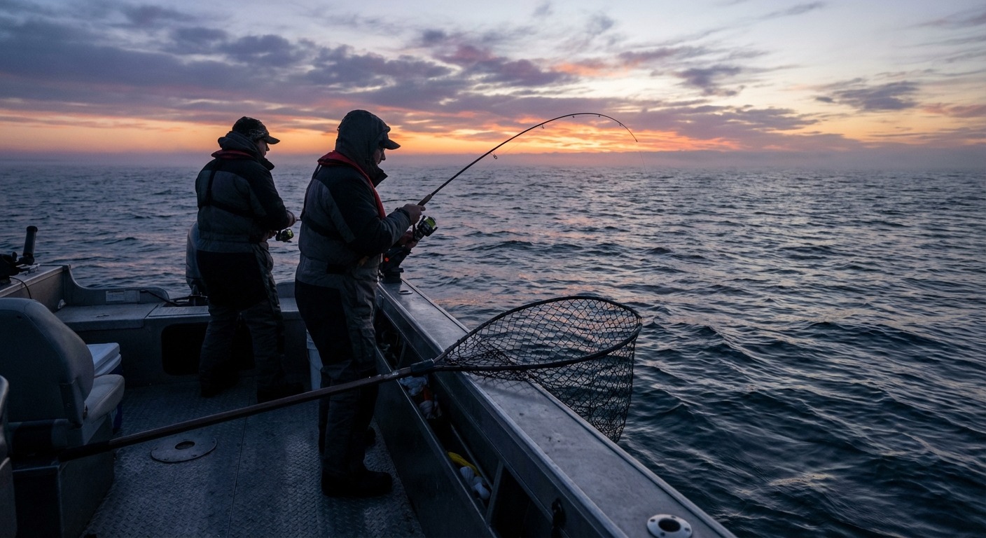 Fishing boat on open water at dawn on Lake Ontario