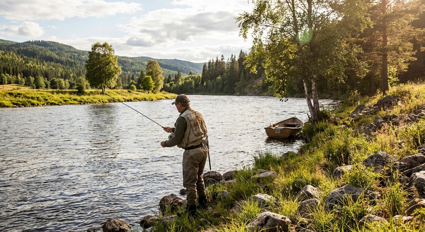 Angler standing with fishing rod on a river bank